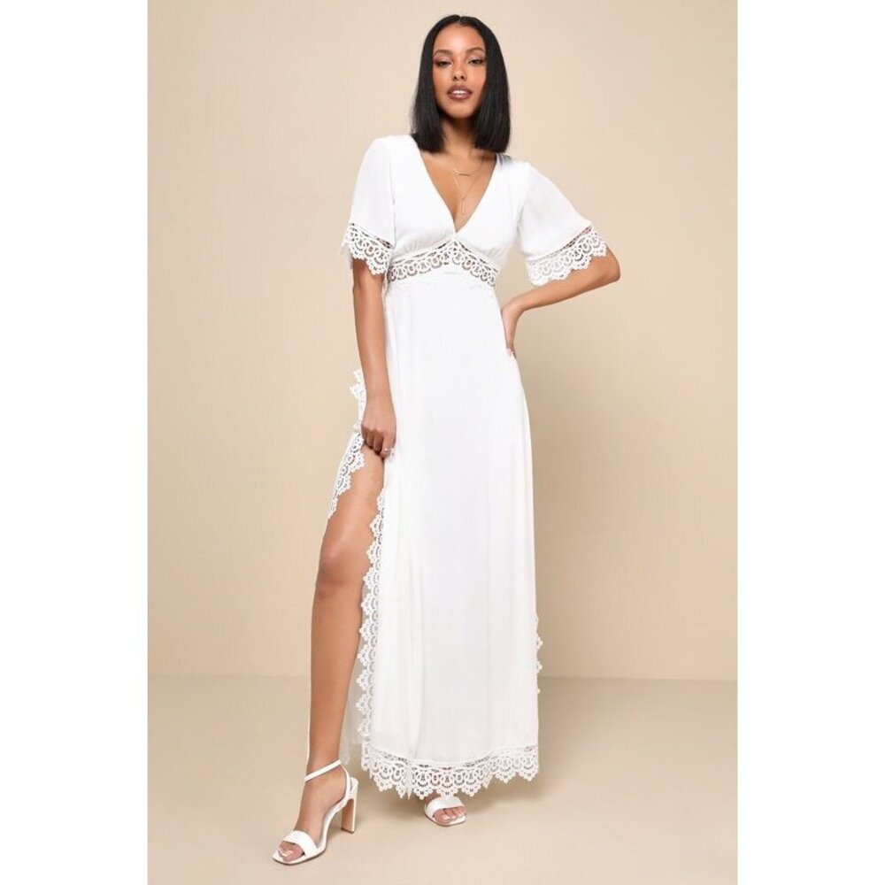 Lulus Sweeten The Occasion White Lace Short Sleeve Maxi Dress - Size S